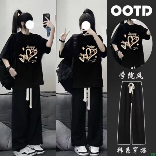 套装/单夏季2025新款韩版校园风宽松短袖T恤休闲阔腿裤穿搭两件套