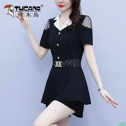 啄木鸟正品法式赫本风网纱拼接潮装套装洋气显瘦上衣短裤两件套装