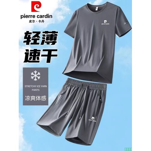 皮尔卡丹高端T恤运动套装男2025夏季薄款透气速干衣跑步服两件套