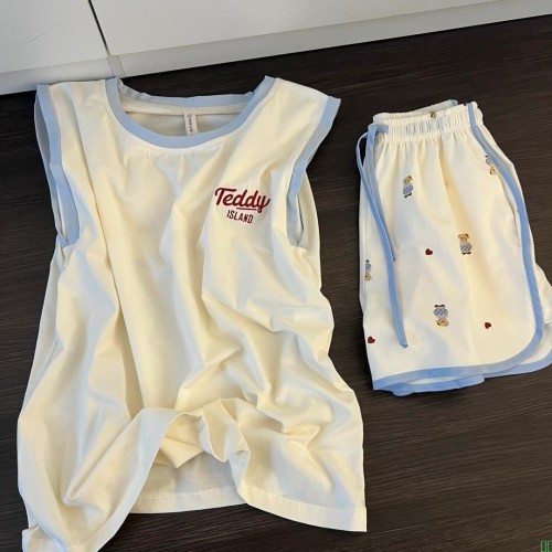 夏季可爱小熊舒适套装印花睡衣女舒适无袖背心短裤家居服两件套