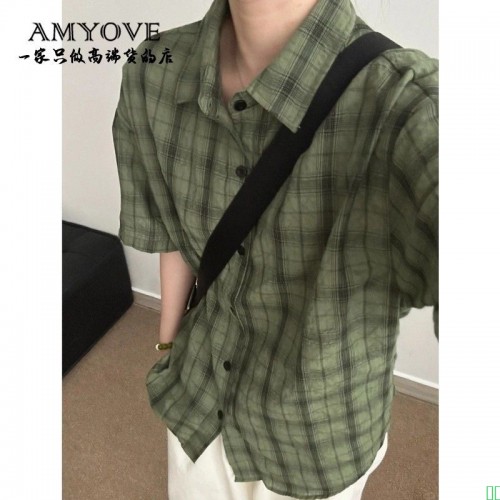 AMYOVE美式潮复古格子衬衫男款夏季慵懒松弛感短袖衬衣情侣款外套