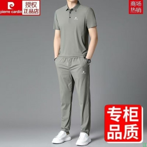 皮尔卡丹正品夏季短袖薄款运动服套装男士中青年休闲翻领一整套装