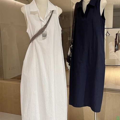 小个子POL领无袖连衣裙女2025夏日常宽松背心裙松弛感白色长裙