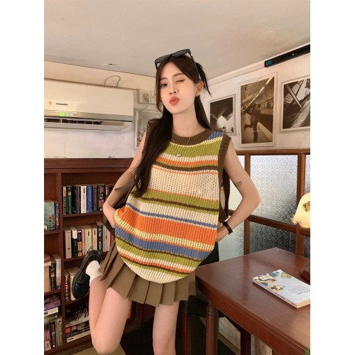 镂空条纹针织马甲背心女外穿夏季新款学院风夏天薄款撞色针织马夹