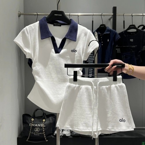 简约正肩POLO领T恤短袖女复古夏季撞色刺绣半身裙裤显瘦时尚套装