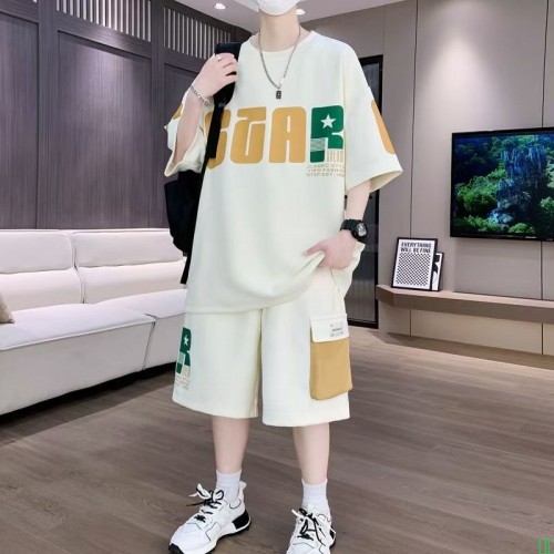 SL09夏季休闲运动套装男大码酷帅气一整套衣服搭配短袖短裤两件套