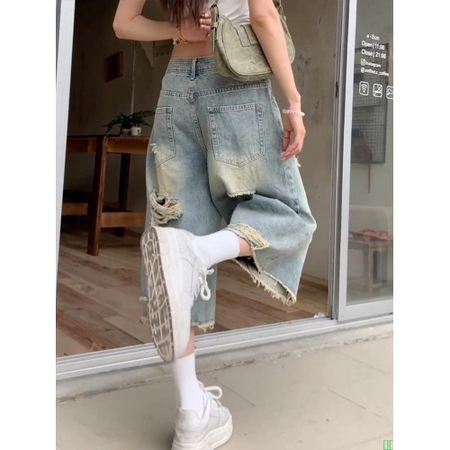 美式破洞毛边七分牛仔裤女夏季阔腿设计感八分中裤直筒梧桐短裤子