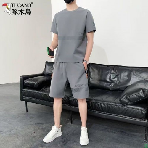 啄木鸟新品薄款冰丝短袖短裤套装休闲宽松大码潮流休闲百搭两件套