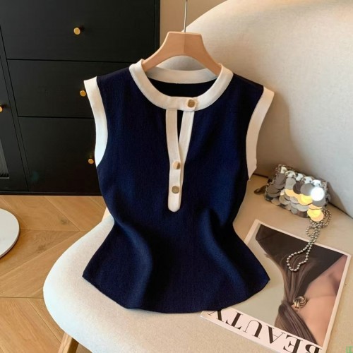 撞色吊带背心拼色圆领新款辣妹修身T恤夏季显瘦无袖纽扣针织衫