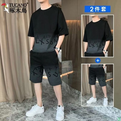 啄木鸟男士冰丝棉t恤夏季薄款短袖短裤套装男士潮牌百搭运动套装