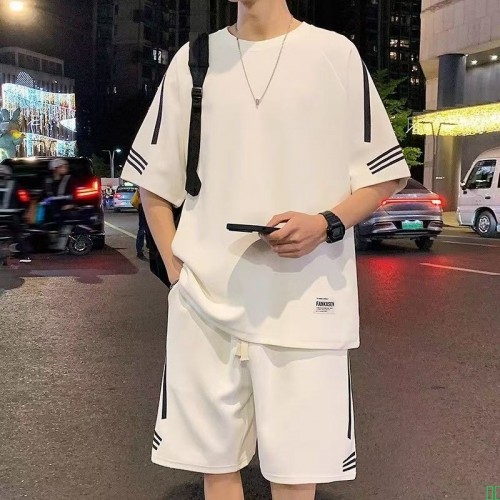 QM95休闲运动套装男夏季大码宽松短袖t恤胖子短裤搭配帅气一整套