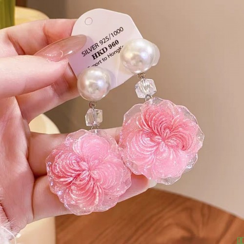 度假风粉色花朵珍珠水晶耳坠耳环女精致小众耳钉高级感巨好看耳饰