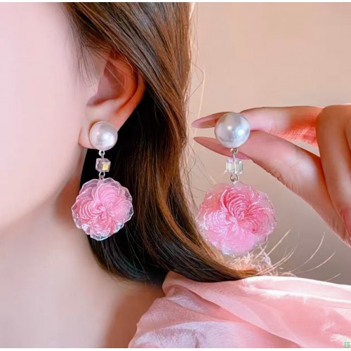 度假风粉色花朵珍珠水晶耳坠耳环女精致小众耳钉高级感巨好看耳饰
