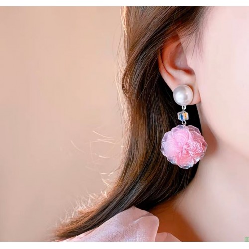 度假风粉色花朵珍珠水晶耳坠耳环女精致小众耳钉高级感巨好看耳饰
