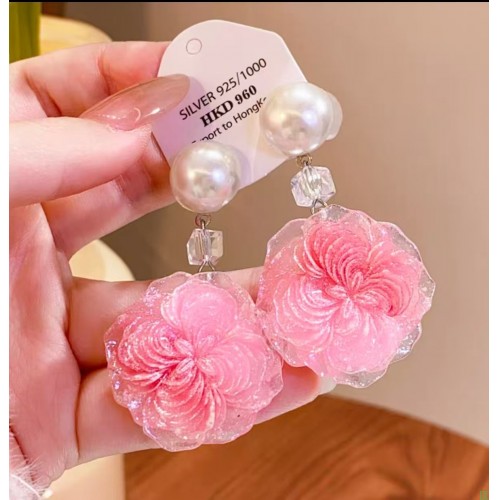 度假风粉色花朵珍珠水晶耳坠耳环女精致小众耳钉高级感巨好看耳饰