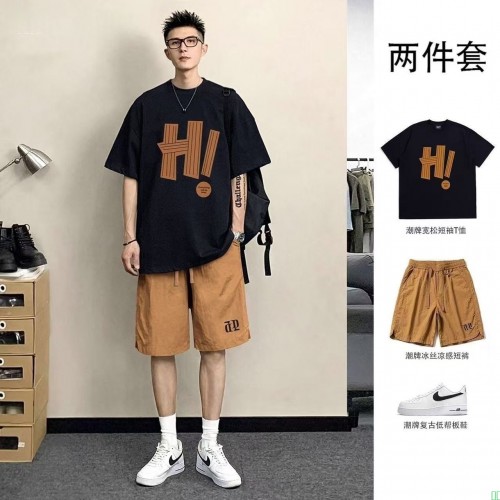 两件套Hi夏季港风个性印花短袖t恤男宽松ins潮流潮牌冰丝短裤套装