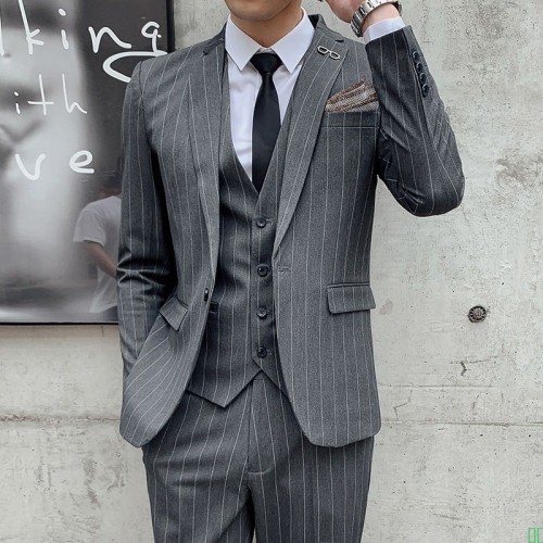 条纹西服套装男士英伦风商务帅气青年正装韩版新郎伴郎修身小西装