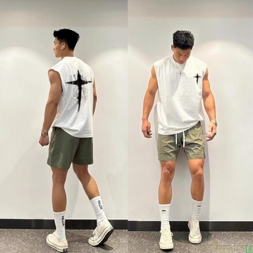 欧美式高街摇滚十字架印花背心男夏季纯棉休闲小领口坎肩无袖上衣