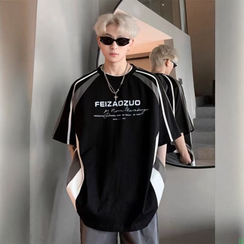 短袖t恤男2025夏季美式高街潮牌痞帅机车风条纹拼接宽松半袖衣服