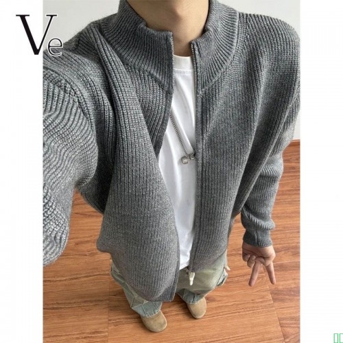 VE拉链立领针织开衫夹克毛衣男秋冬季加厚纯色内搭修身打底衫外套