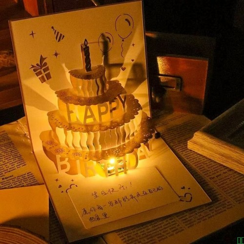 生日贺卡3d立体带灯光折叠成品精致烫金蛋糕礼物卡片带信封送闺蜜