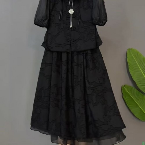 加肥加大新中式半身裙套装夏季新款旗袍改良国风刺绣盘扣两件套