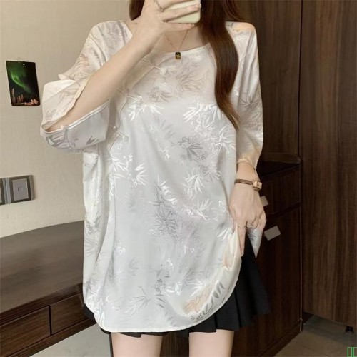 胖MM国风盘扣拼接中长款上衣夏季300斤大码气质减龄宽松短袖T恤女