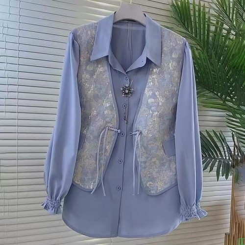 新中式重工国风流苏马甲微喇袖翻领打底衬衫套装胖妹妹大码两件套