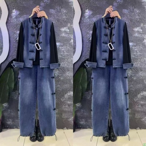 胖mm大码牛仔三件套时尚秋季新中式国风盘扣爆款气质套装显瘦洋气