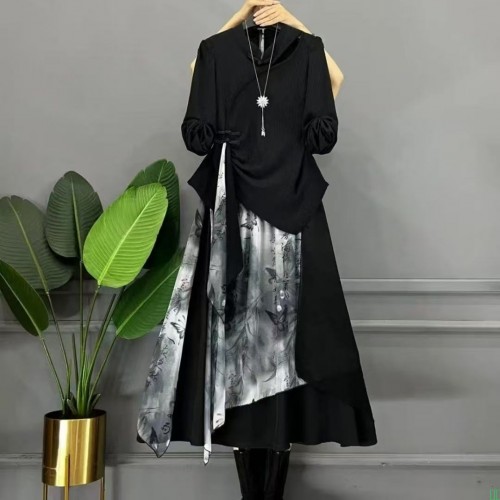 秋冬新款大码女装气质国潮新中式复古长袖上衣+半身裙显瘦套装潮