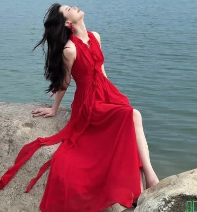 法式红色挂脖吊带连衣裙子女夏季2025新款爆款海边度假高级感长裙