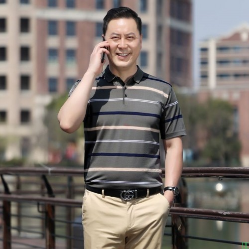 爸爸装夏装冰丝短袖t恤男中年男士翻领上衣宽松中老年男装打底衫