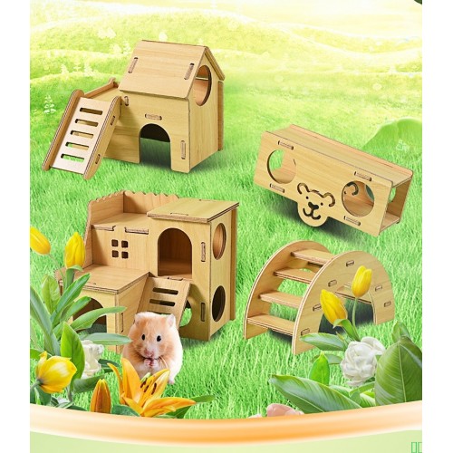 仓鼠窝实木玩具小房子金丝熊躲避屋双层别墅木质秋千造景仓鼠玩具