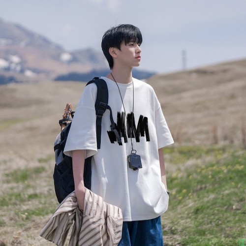 潮牌秋季男装短袖t恤衫男士纯棉圆领加肥加大码胖子宽松短袖藏蓝