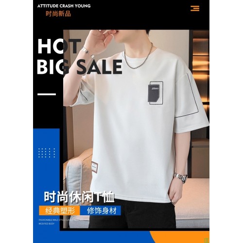 夏季潮流港风男装绣花圆领短袖T恤 胖男士加肥加大码宽松纯色体恤