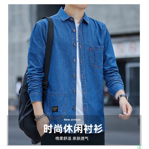 纯棉水洗牛仔长袖衬衫男潮流长袖帅气宽松工装外套休闲衬衣男装