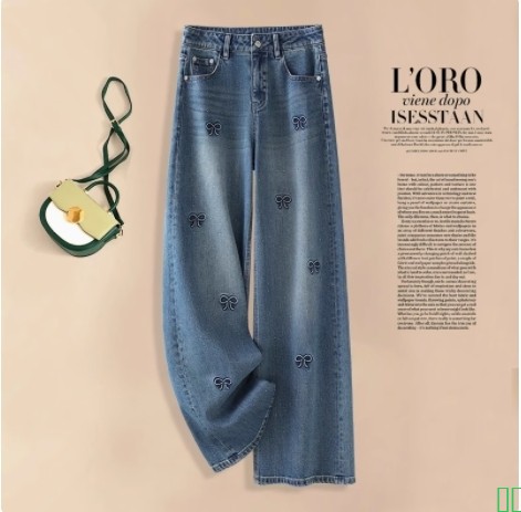 MZVZ美式复古迷彩阔腿牛仔裤女秋冬2025新款宽松直筒高腰工装裤子