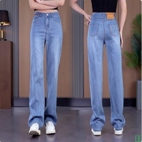 国风浅色牛仔裤女2024年新款高腰窄版直筒裤刺绣女生窄版阔腿裤子