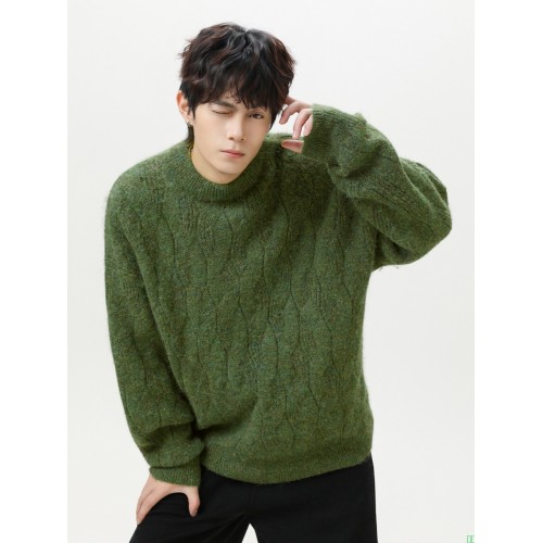 重磅加厚质感绞花纯色圆领毛衣男秋冬软糯肌理复古宽松针织衫外套