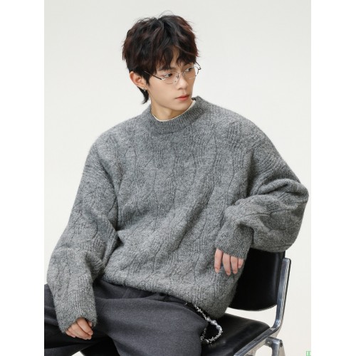 重磅加厚质感绞花纯色圆领毛衣男秋冬软糯肌理复古宽松针织衫外套