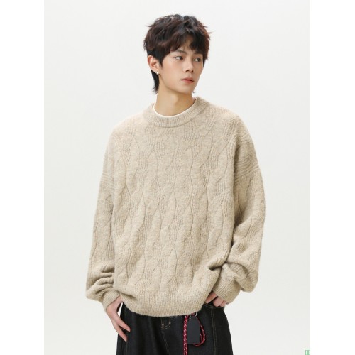 重磅加厚质感绞花纯色圆领毛衣男秋冬软糯肌理复古宽松针织衫外套