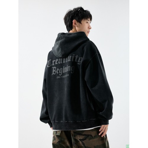 秋冬季水洗做旧美式连帽加绒卫衣男ins潮牌印花字母高街重磅帽衫