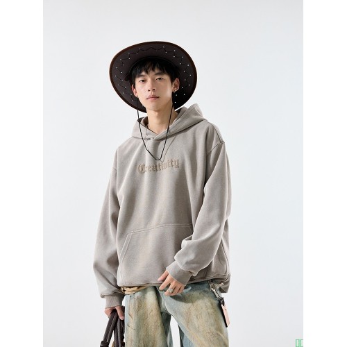 秋冬季水洗做旧美式连帽加绒卫衣男ins潮牌印花字母高街重磅帽衫