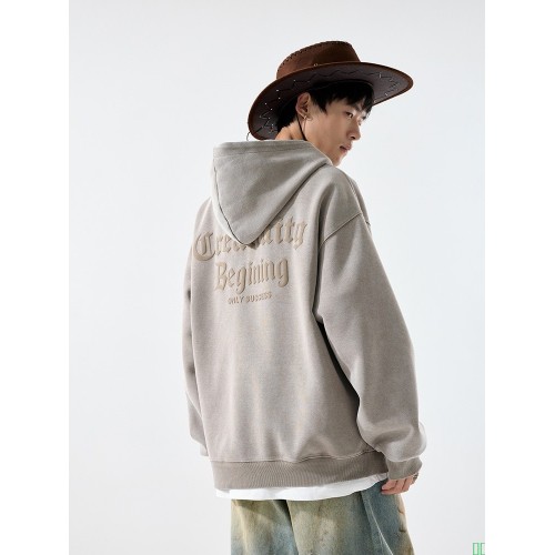 秋冬季水洗做旧美式连帽加绒卫衣男ins潮牌印花字母高街重磅帽衫