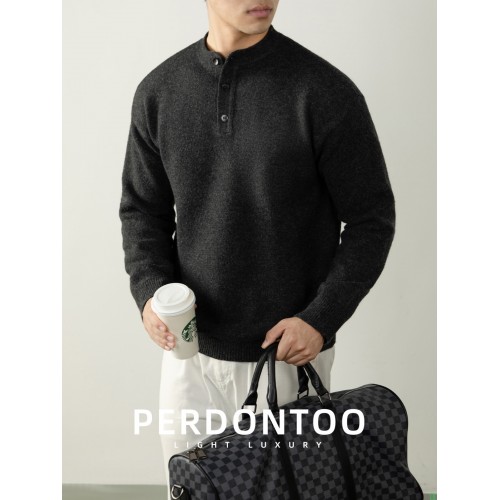 秋冬保暖BI备！美式亨利领宽松慵懒纯色毛衣男士厚款针织衫高级