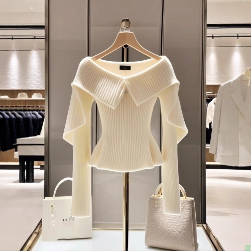 高级感韩系穿搭长袖上衣早秋新款设计感针织衫洋气独特别致白毛衣