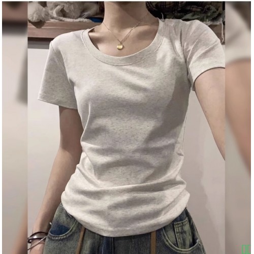 烟灰色t恤女短袖夏季2025新款洋气修身百搭体恤韩版显瘦v领上衣潮