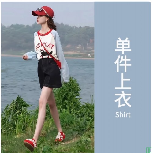 超好看蝴蝶结印花正肩短袖t恤女夏季撞色圆领多巴胺独特漂亮上衣