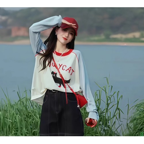 超好看蝴蝶结印花正肩短袖t恤女夏季撞色圆领多巴胺独特漂亮上衣