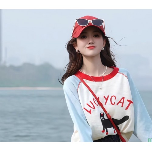 超好看蝴蝶结印花正肩短袖t恤女夏季撞色圆领多巴胺独特漂亮上衣